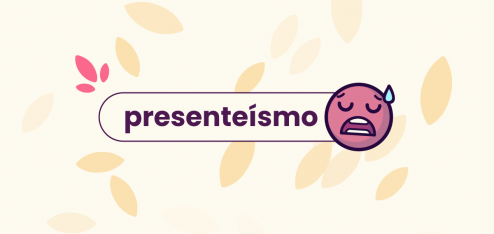 Fundo amarelo com silhuetas de folhas. No título: "presenteísmo", ao lado do mascote da Eva Benefícios com cara triste.