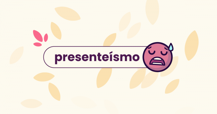 Fundo amarelo com silhuetas de folhas. No título: "presenteísmo", ao lado do mascote da Eva Benefícios com cara triste.