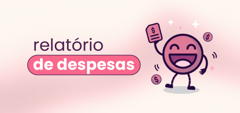 Fundo rosa claro com faixa rosa cortando o meio da imagem na horizontal. O título "relatório de despesas corporativas" está ao lado de um rosto feliz.