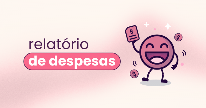 Fundo rosa claro com faixa rosa cortando o meio da imagem na horizontal. O título "relatório de despesas corporativas" está ao lado de um rosto feliz.