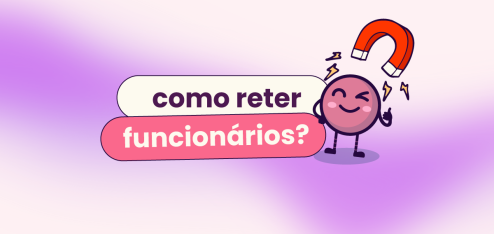 Fundo rosa e roxo. Título: "como reter funcionários?" com o mascote Ivo da Eva com um imã em cima da cabeça.