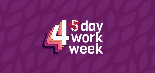 Fundo com padrão de folhas roxas e, no centro da imagem, 'semana de quatro dias úteis' ou '4-day workweek'.