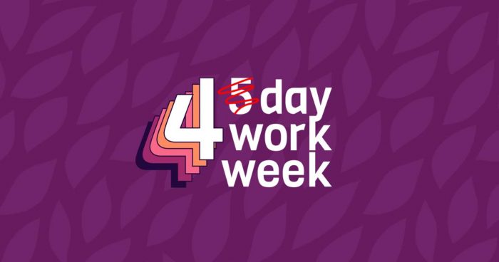 Fundo com padrão de folhas roxas e, no centro da imagem, 'semana de quatro dias úteis' ou '4-day workweek'.