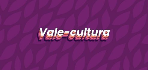 Fundo com folhas roxas e, no centro da imagem, está escrito "Vale-cultura".