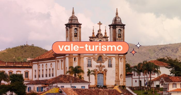 Imagem de uma das igrejas de Ouro Preto, Minas Gerais. No centro da imagem há o título "vale-turismo".