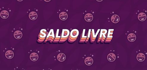 Fundo roxo com pequenos emojis de sorrisos em cor rosa. 'Saldo Livre' escrito no centro.