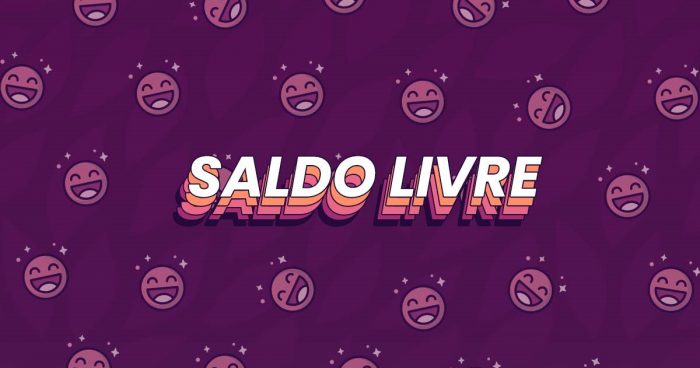 Fundo roxo com pequenos emojis de sorrisos em cor rosa. 'Saldo Livre' escrito no centro.